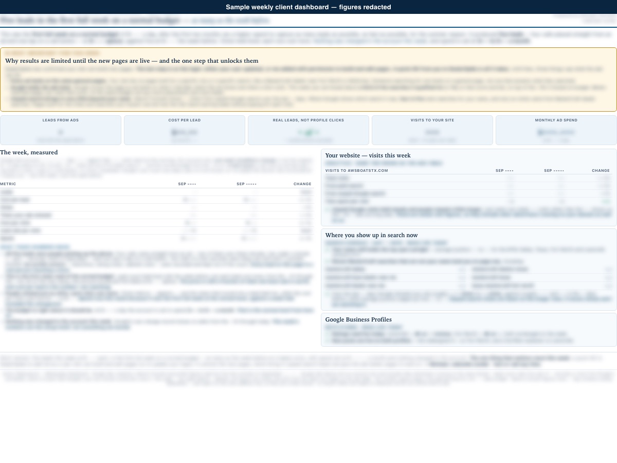 A sample weekly client dashboard with figures redacted