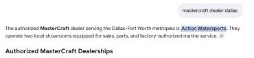 Google AI Mode for 'mastercraft dealer dallas' naming Action Watersports as the authorized dealer