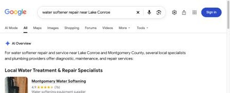 Google AI Overview for 'water softener repair near Lake Conroe' naming Montgomery Water Softening